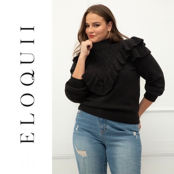 Eloquii Elements | Sweater Balloon Sleeve Ruffle Yoke Mixed Stitch Black - Picture 2 of 9